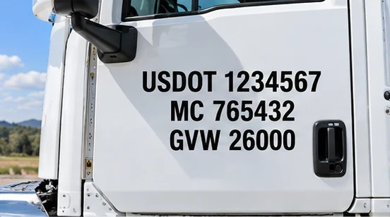 USDOT 1234567 MC 765432 GVW 26000 on a white truck door